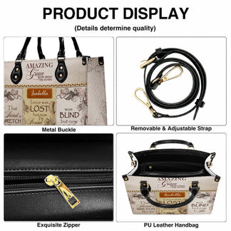 Features of a custom Amazing Grace leather handbag including metal buckles a removable strap and quality zippers.