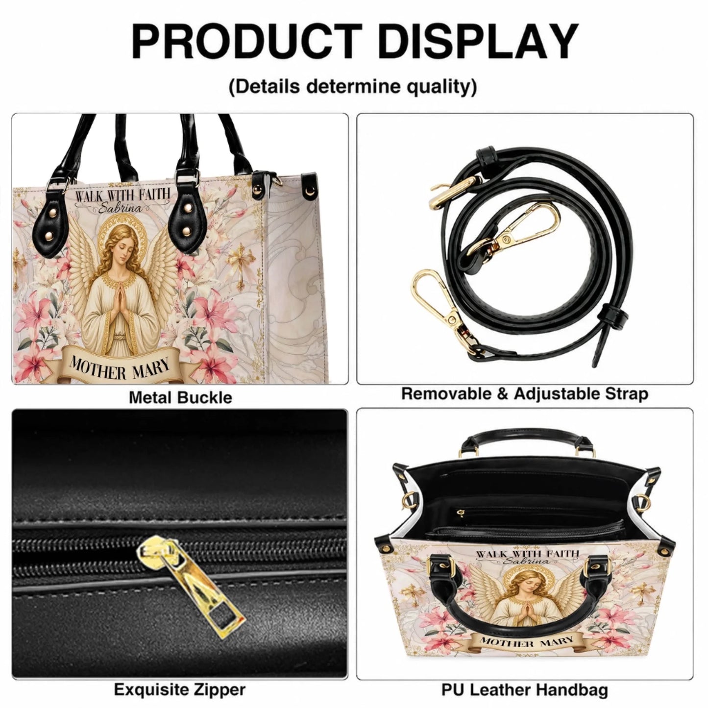 Product features display for a personalized Mother Mary angel handbag including metal buckle adjustable strap and zipper.