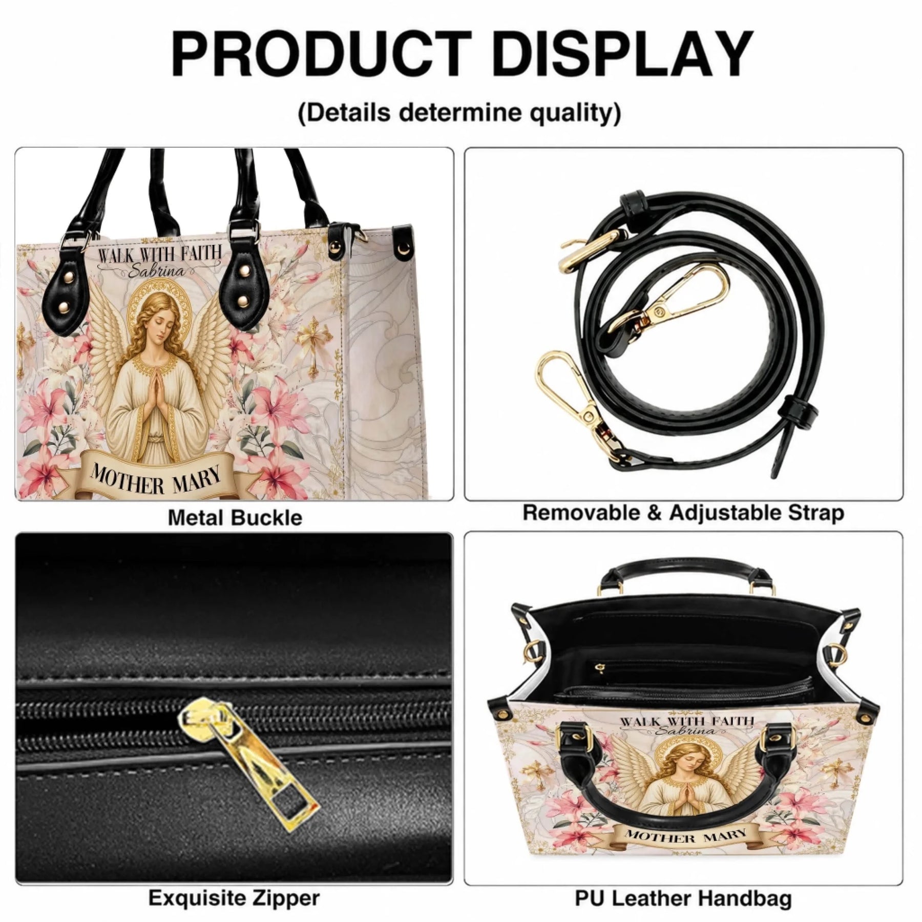 Product features display for a personalized Mother Mary angel handbag including metal buckle adjustable strap and zipper.