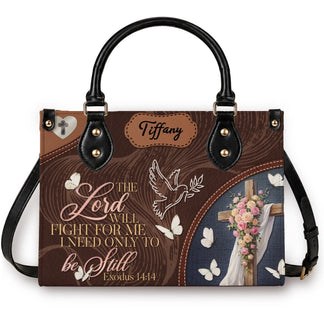 Custom name floral cross tote bag featuring the inspirational Bible verse Exodus 14 14 with butterfly and dove accents