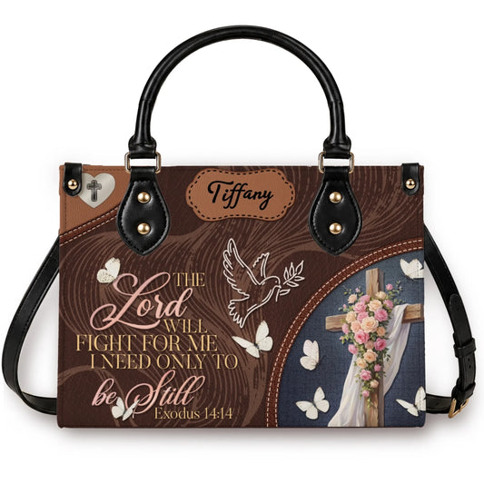 Custom name floral cross tote bag featuring the inspirational Bible verse Exodus 14 14 with butterfly and dove accents