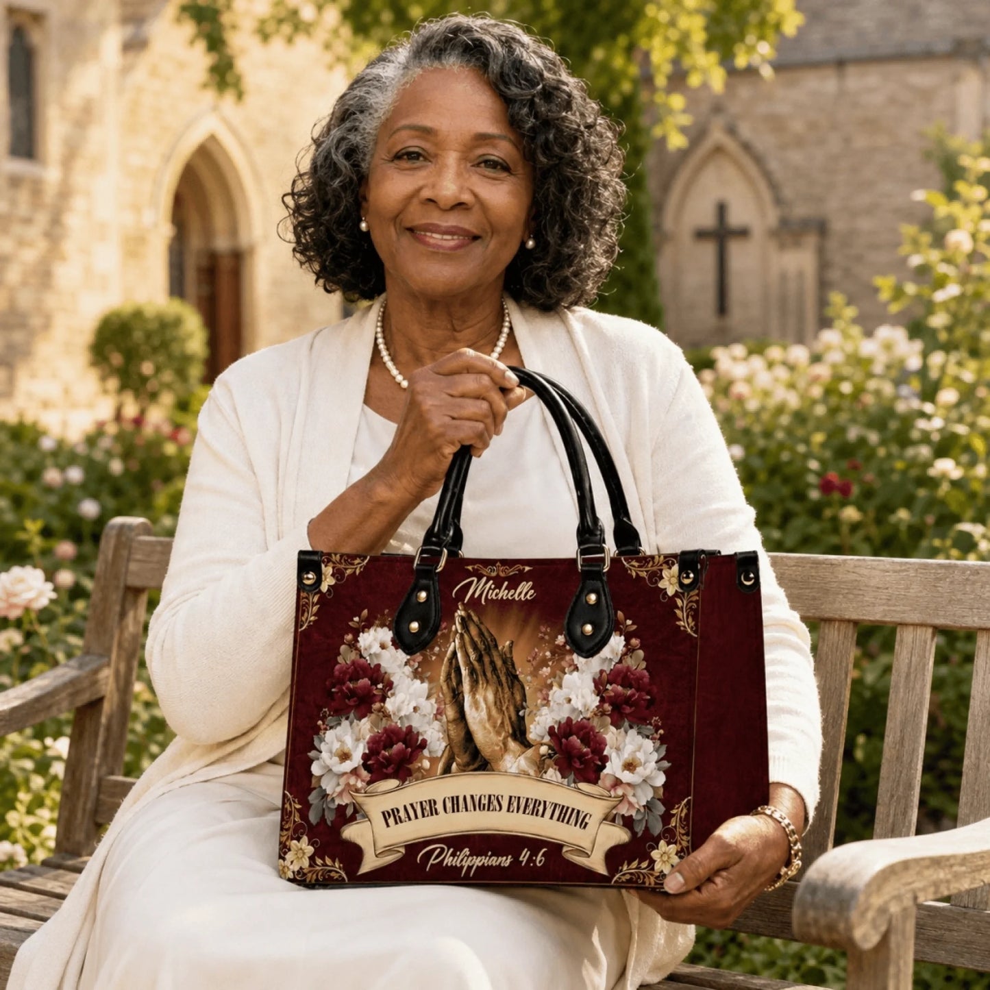 Elegant custom handbag with Michelle name and praying hands art perfect for church and christian holiday gifts.