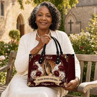 Elegant custom handbag with Michelle name and praying hands art perfect for church and christian holiday gifts.