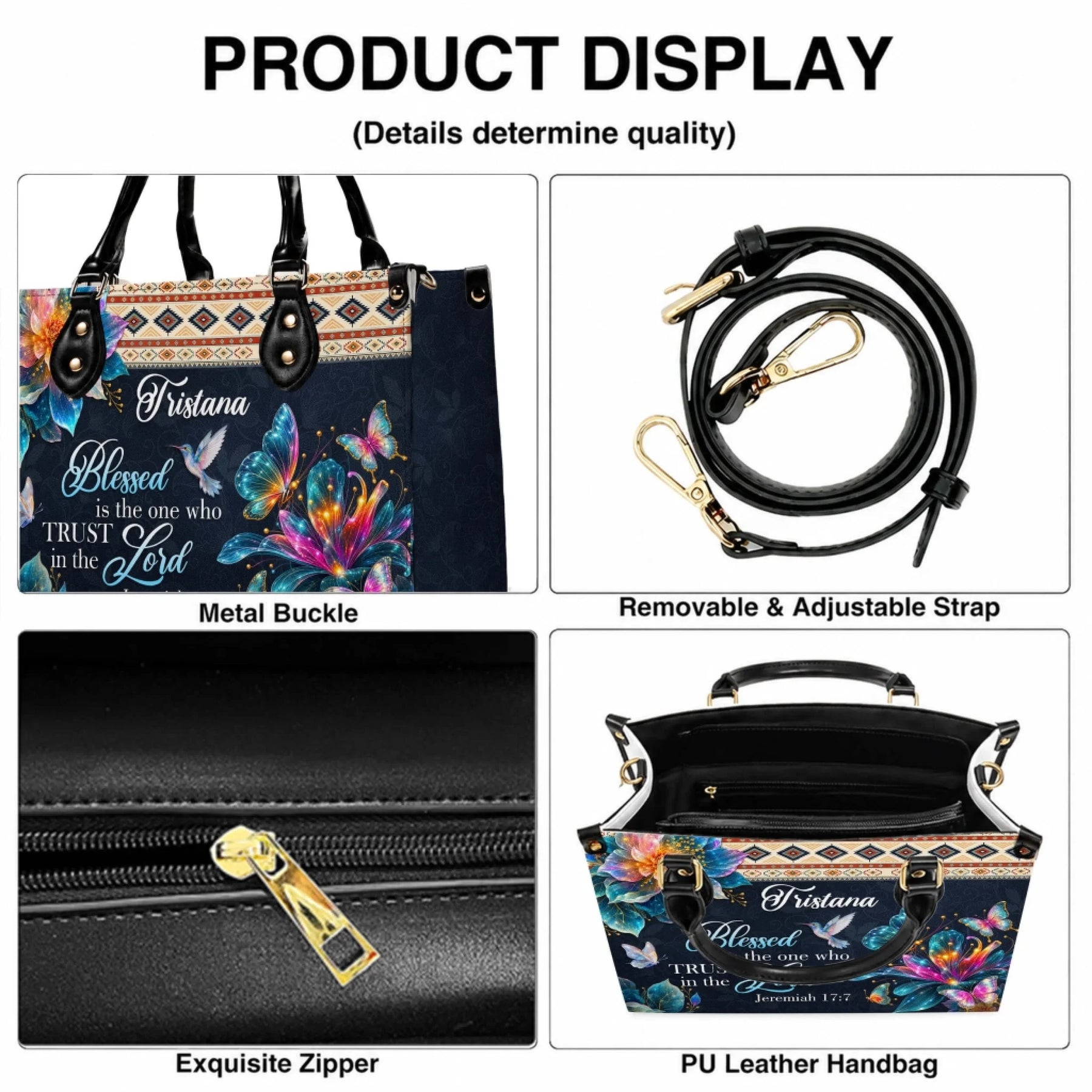 Detailed view of custom handbag features including adjustable strap zipper and metal buckles with religious design