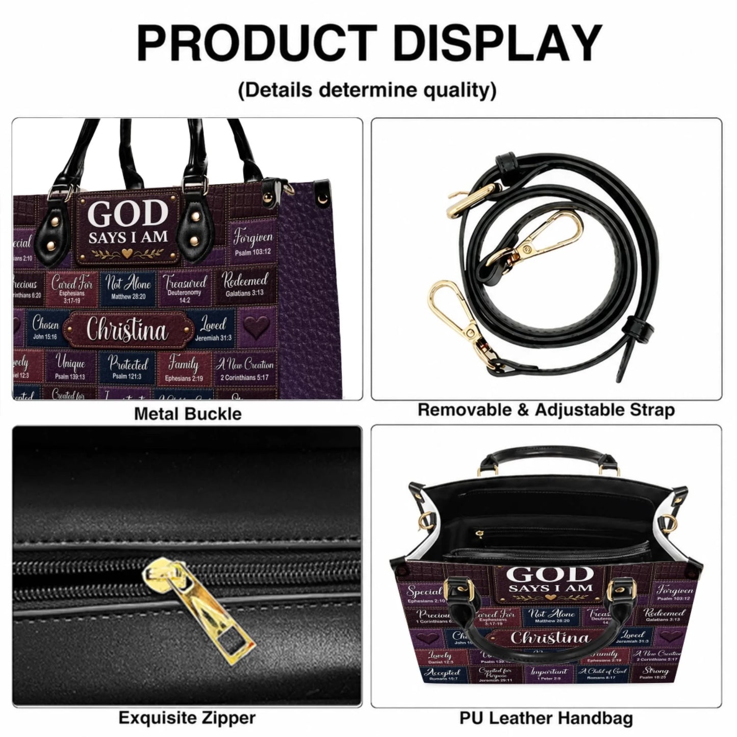 Product display showing the metal buckle, removable strap, and zipper details of a custom religious scripture handbag.
