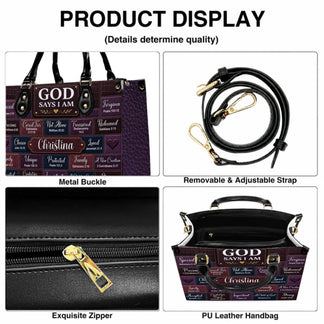 Product display showing the metal buckle, removable strap, and zipper details of a custom religious scripture handbag.