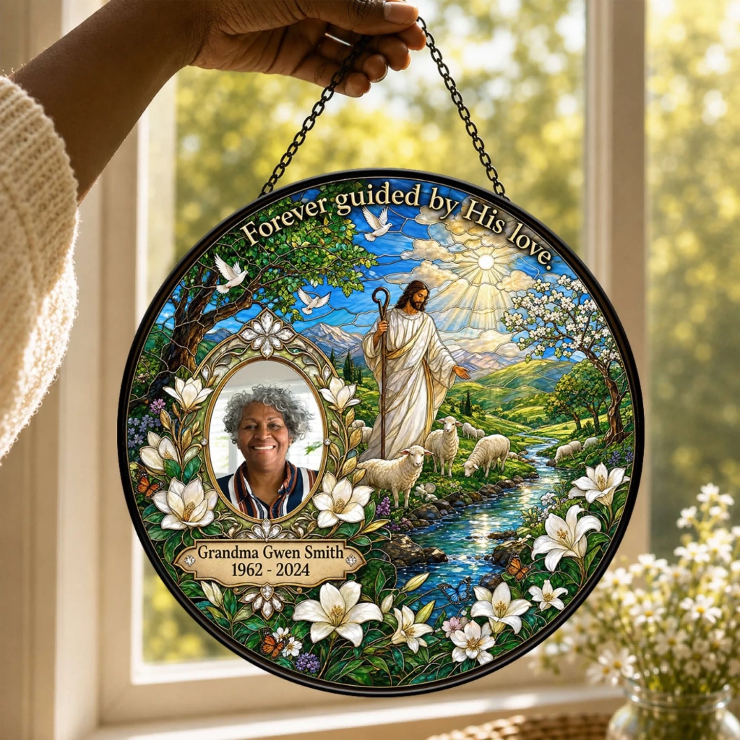 Custom memorial acrylic suncatcher featuring a photo of Grandma Gwen Smith, Jesus, sheep, and the quote Forever guided by His love.