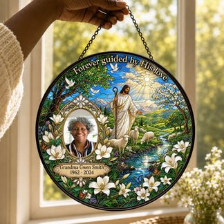 Custom memorial acrylic suncatcher featuring a photo of Grandma Gwen Smith, Jesus, sheep, and the quote Forever guided by His love.