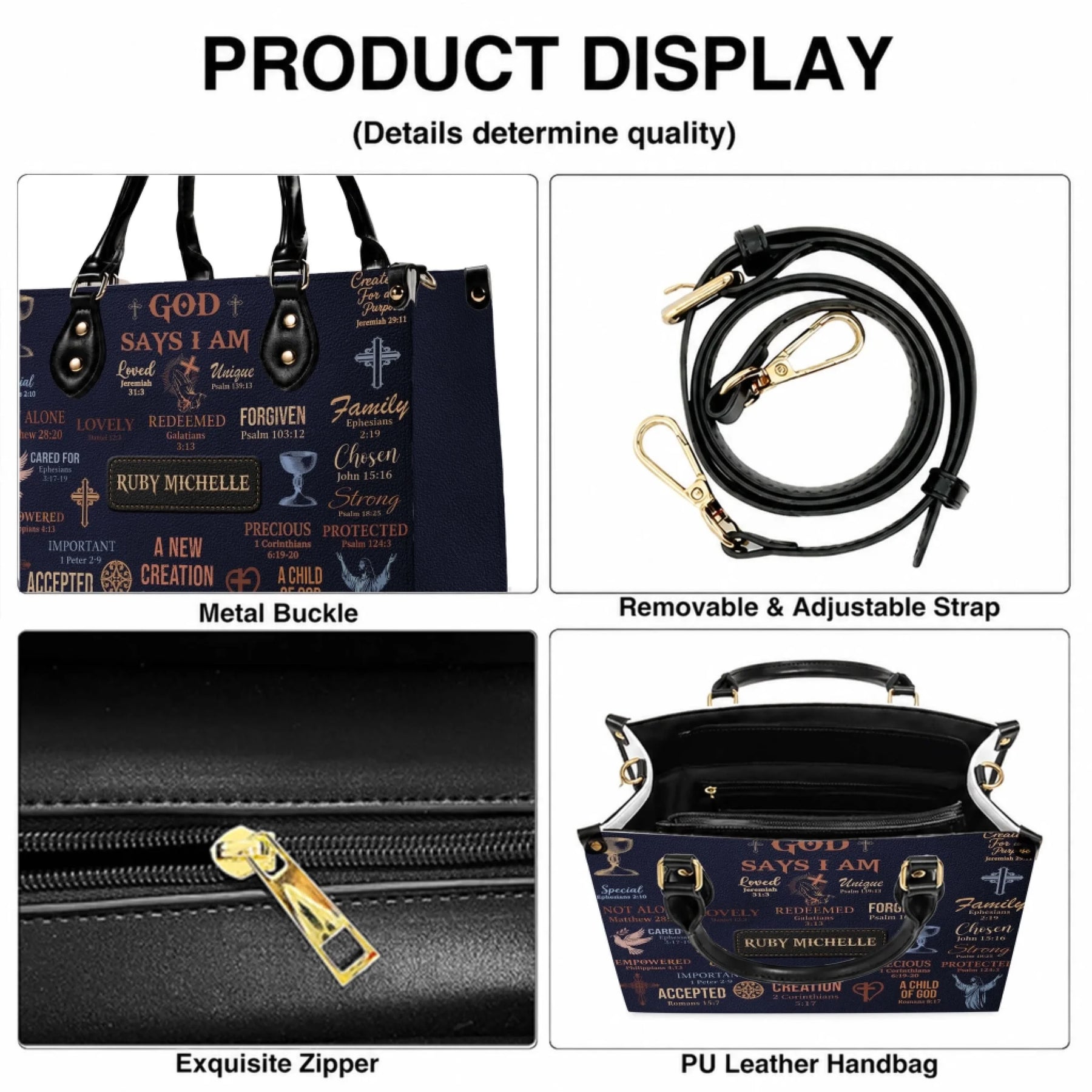 Product display showing a personalized religious leather handbag with a removable adjustable strap and metal buckle.