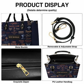 Product display showing a personalized religious leather handbag with a removable adjustable strap and metal buckle.