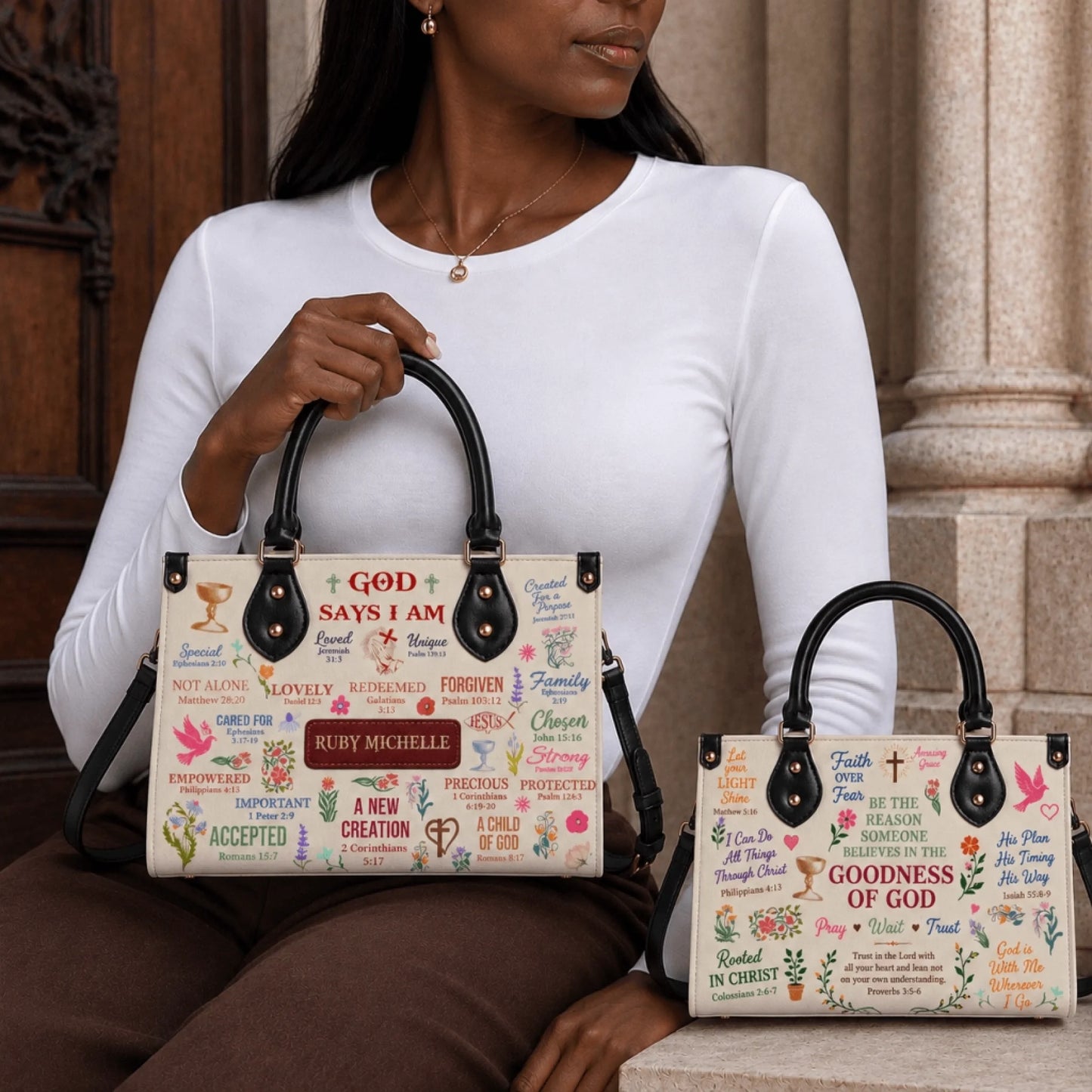 Set of two personalized christian handbags featuring inspirational bible quotes floral art and custom name accents