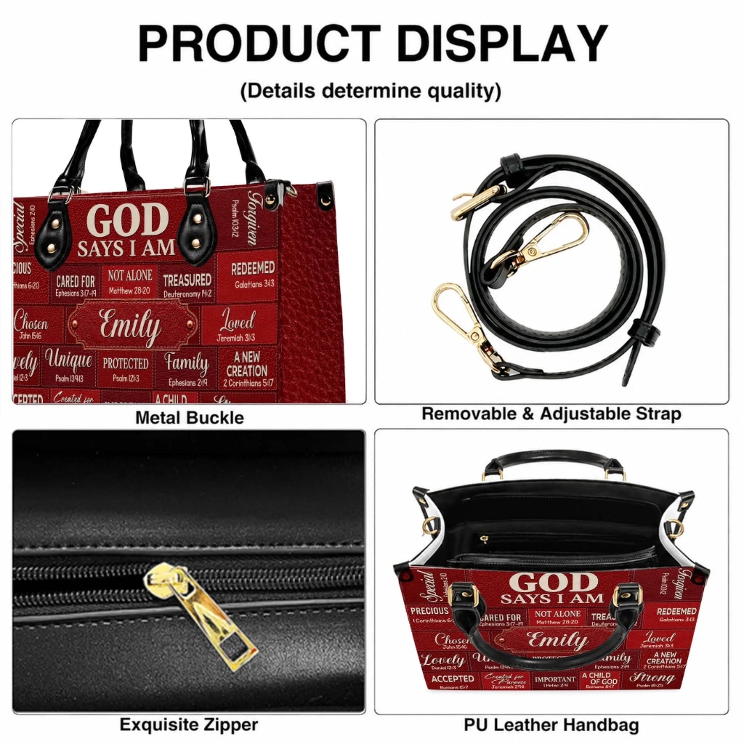 Christian scripture leather handbag features including adjustable strap, metal buckle, and zipper details.
