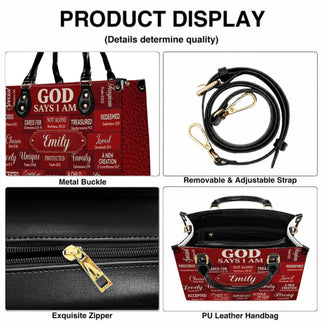 Christian scripture leather handbag features including adjustable strap, metal buckle, and zipper details.