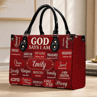 A stylish red leather tote bag with custom name Emily, displaying encouraging Bible verses for faithful women.