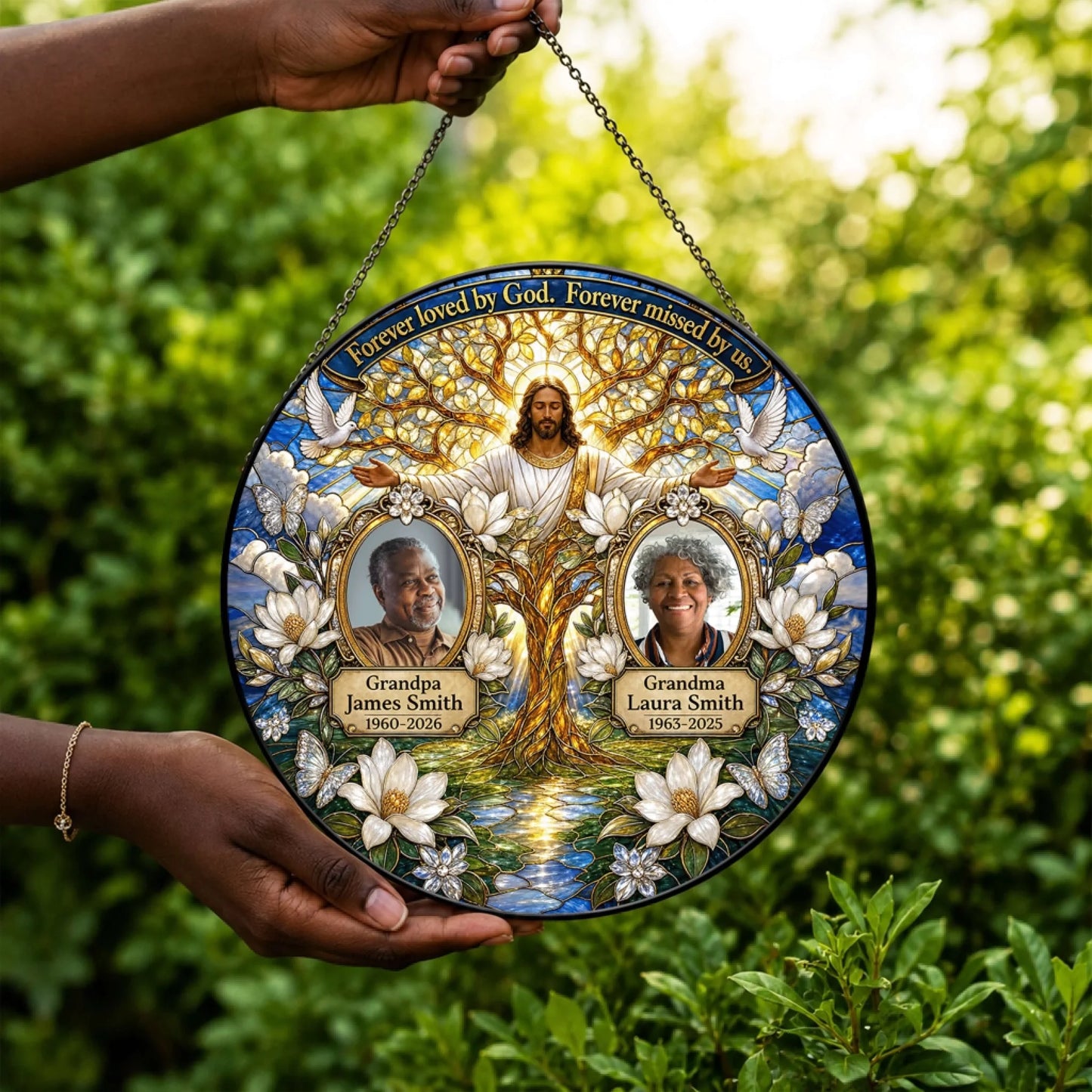 Meaningful memorial suncatcher with Jesus, floral accents, and custom personalized details for a touching tribute.