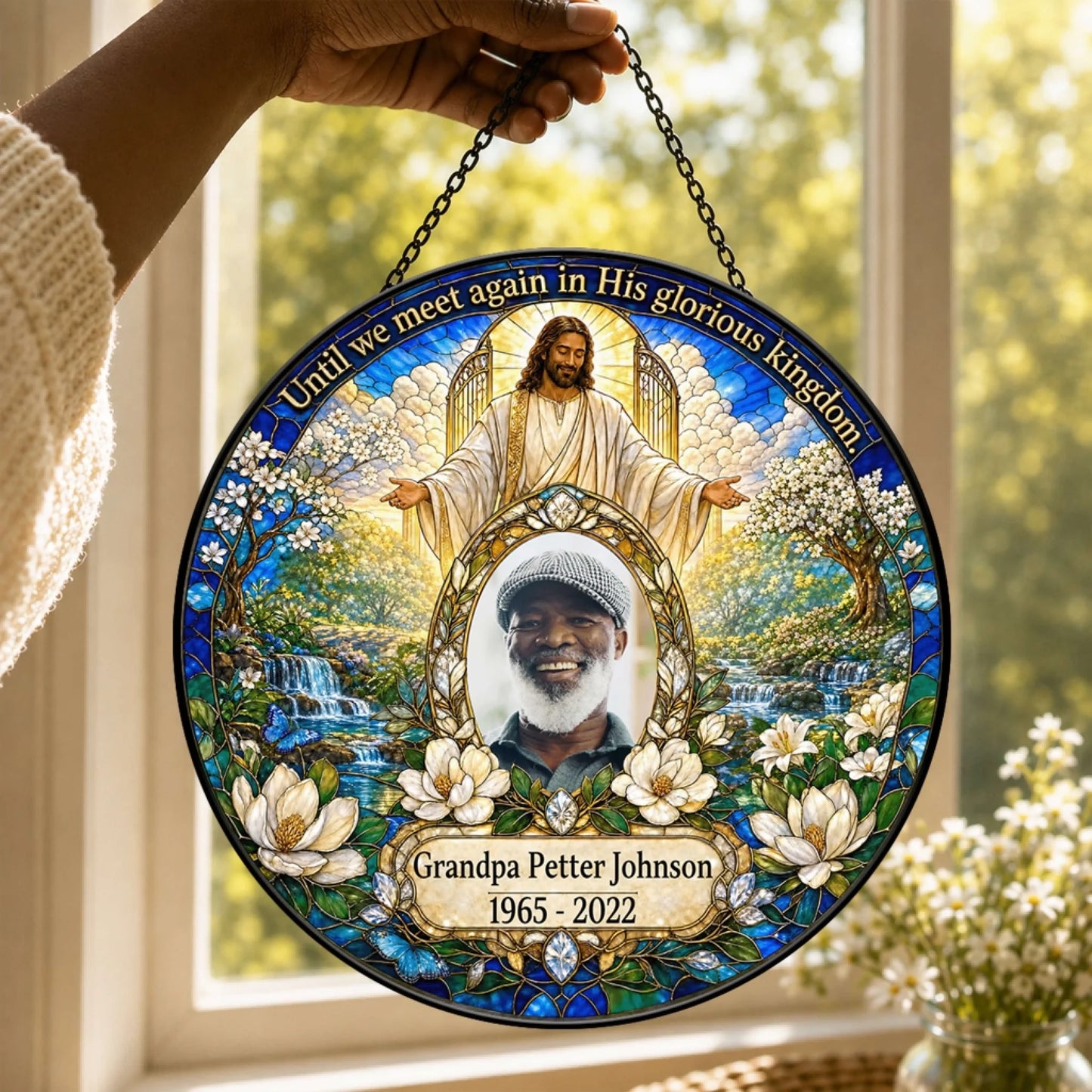 Customized religious stained glass wall hanging with a portrait and touching tribute for a memorial celebration of life.