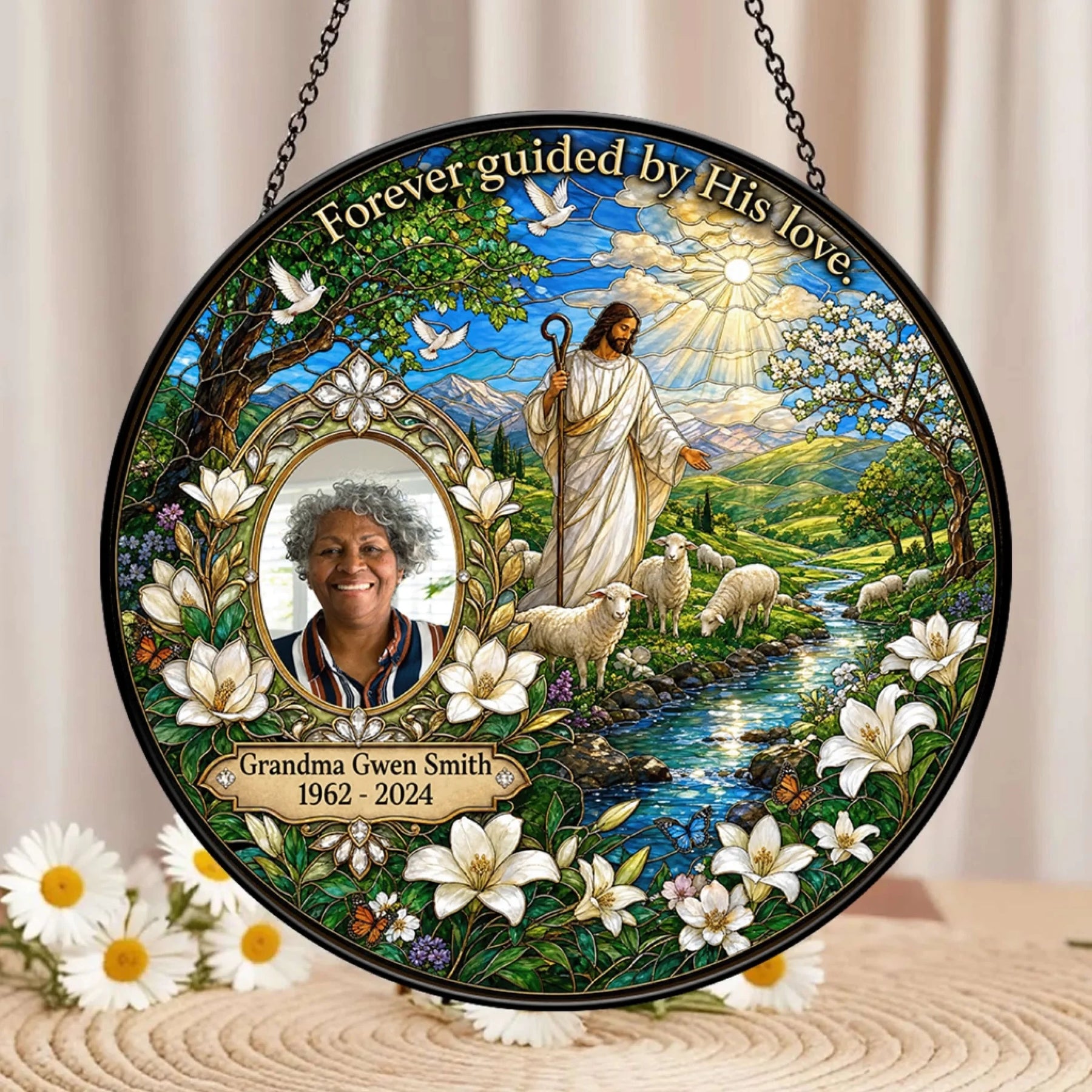 Round stained glass style acrylic suncatcher, custom memorial gift for grandma with religious imagery and her name and years.