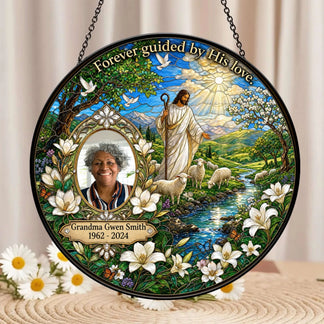 Round stained glass style acrylic suncatcher, custom memorial gift for grandma with religious imagery and her name and years.