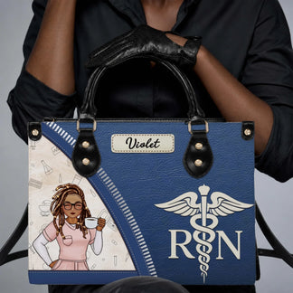A person holding a personalized nurse handbag with a custom name Violet and RN medical graphic in a professional style.