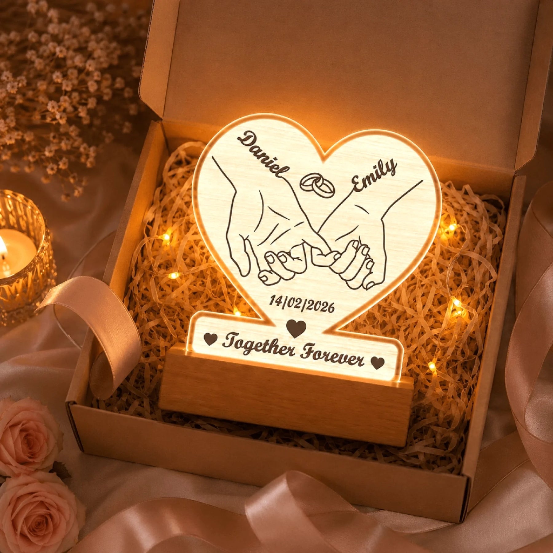 Personalized heart LED lamp with romantic pinky promise design, presented in a gift box as an anniversary keepsake.
