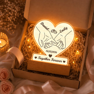 Personalized heart LED lamp with romantic pinky promise design, presented in a gift box as an anniversary keepsake.