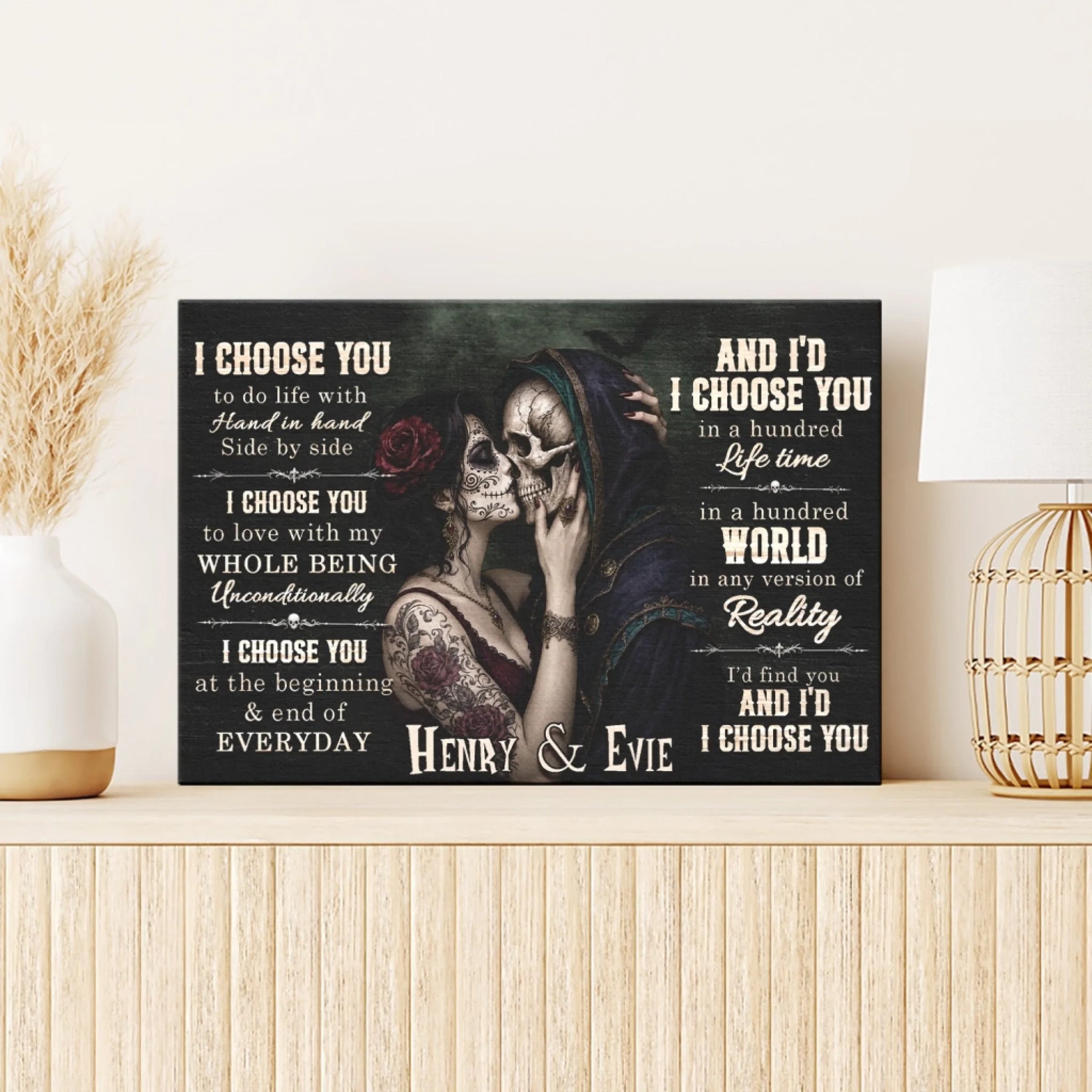 Personalized romantic gothic canvas art with custom names Henry and Evie, perfect for couples who love unique decor