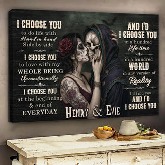 Custom canvas wall art featuring a romantic sugar skull couple, a thoughtful gift for anniversaries or Valentine's.