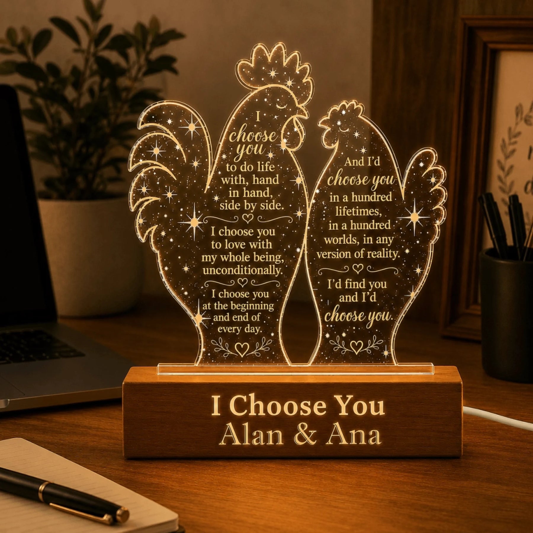 Custom engraved rooster LED night light with romantic quote and personalized names Alan and Ana for home decor.