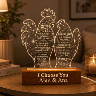 Custom rooster couple LED night light with engraved names Alan and Ana for a romantic anniversary or wedding gift idea.