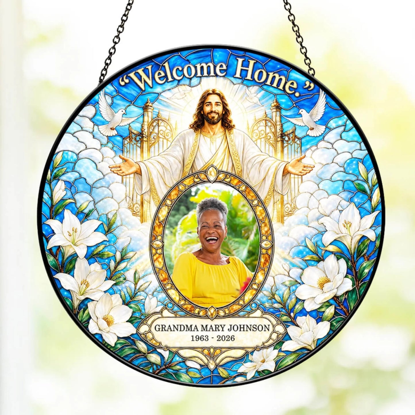 Personalized round religious suncatcher showing Jesus and custom memorial photo with Grandma Mary Johnson text.