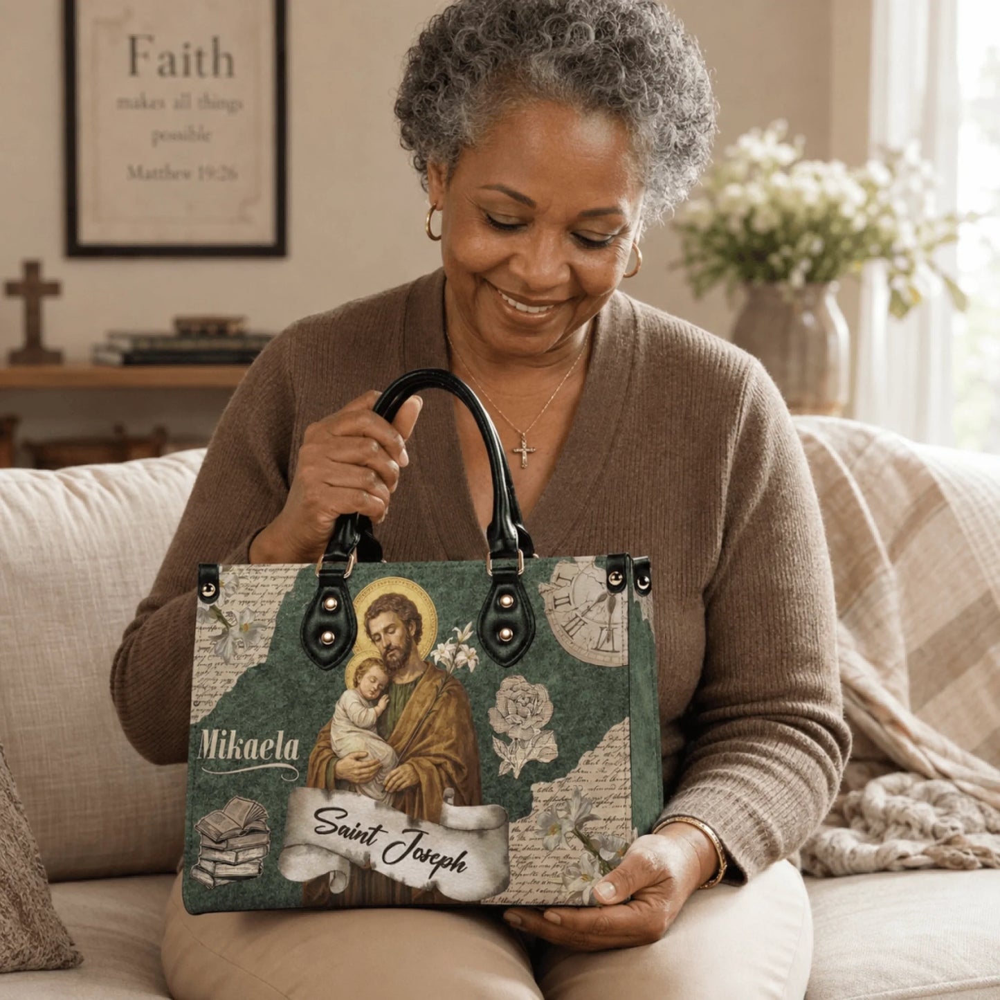 Customized Saint Joseph handbag featuring vintage religious artwork and a personalized name for a thoughtful faith gift.