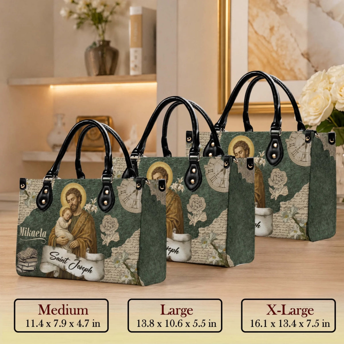 Set of three custom Saint Joseph handbags shown in medium large and extra large sizes with personalization details.