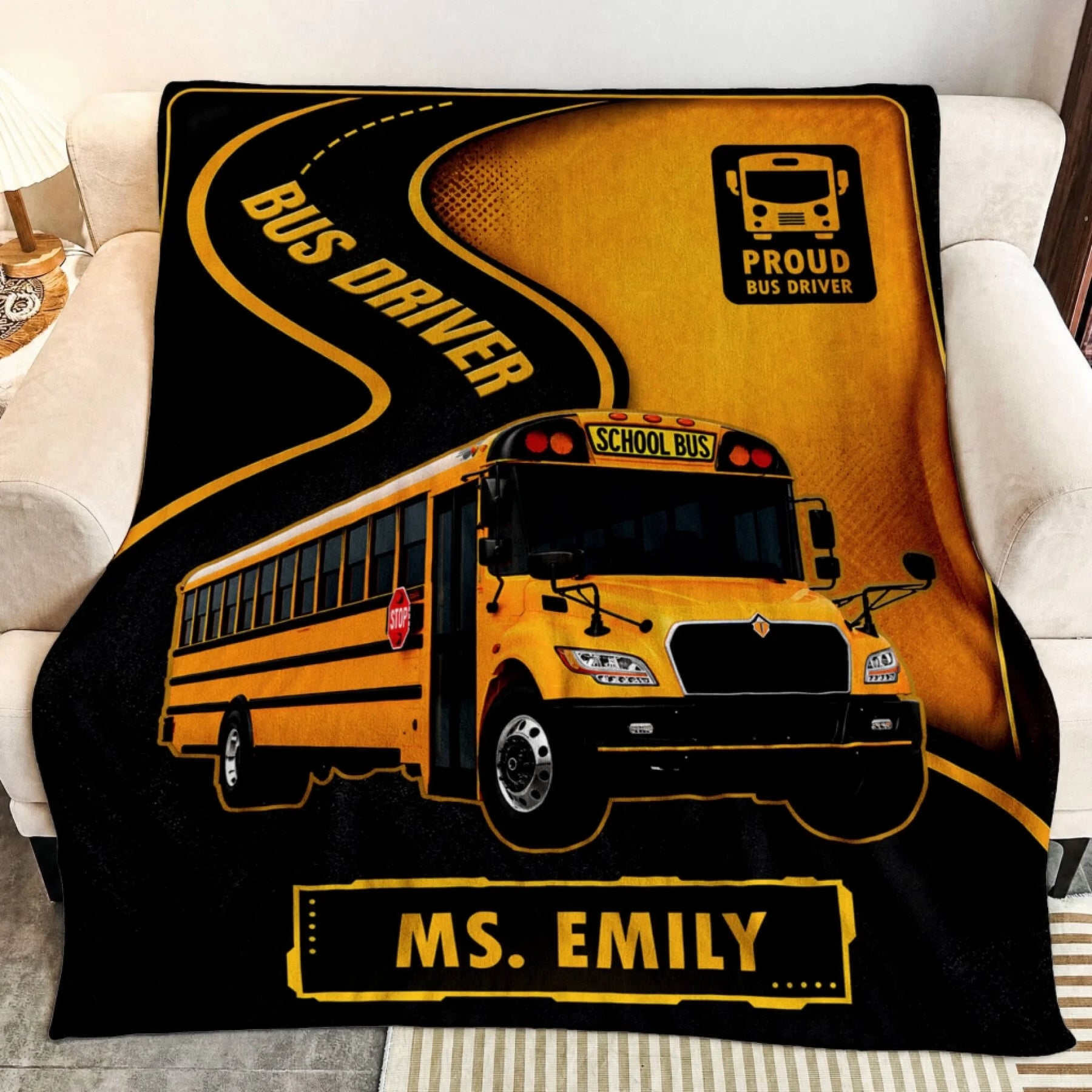 Custom school bus driver blanket gift for women, featuring a yellow bus graphic and the personalized name Ms. Emily.