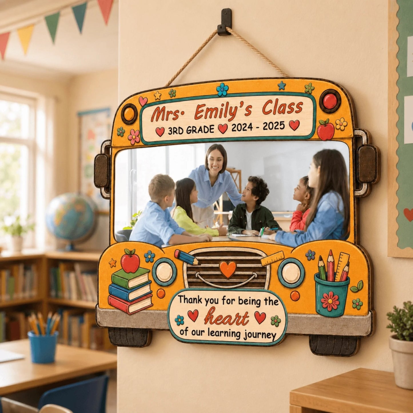 Personalized school bus wooden wall sign with 3rd grade teacher photo, name, and heart warming teacher appreciation quote.