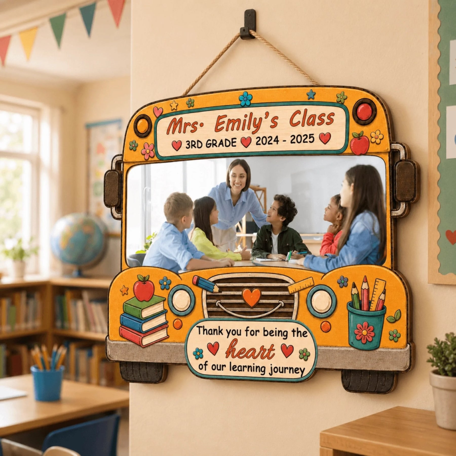 Personalized school bus wooden wall sign with 3rd grade teacher photo, name, and heart warming teacher appreciation quote.