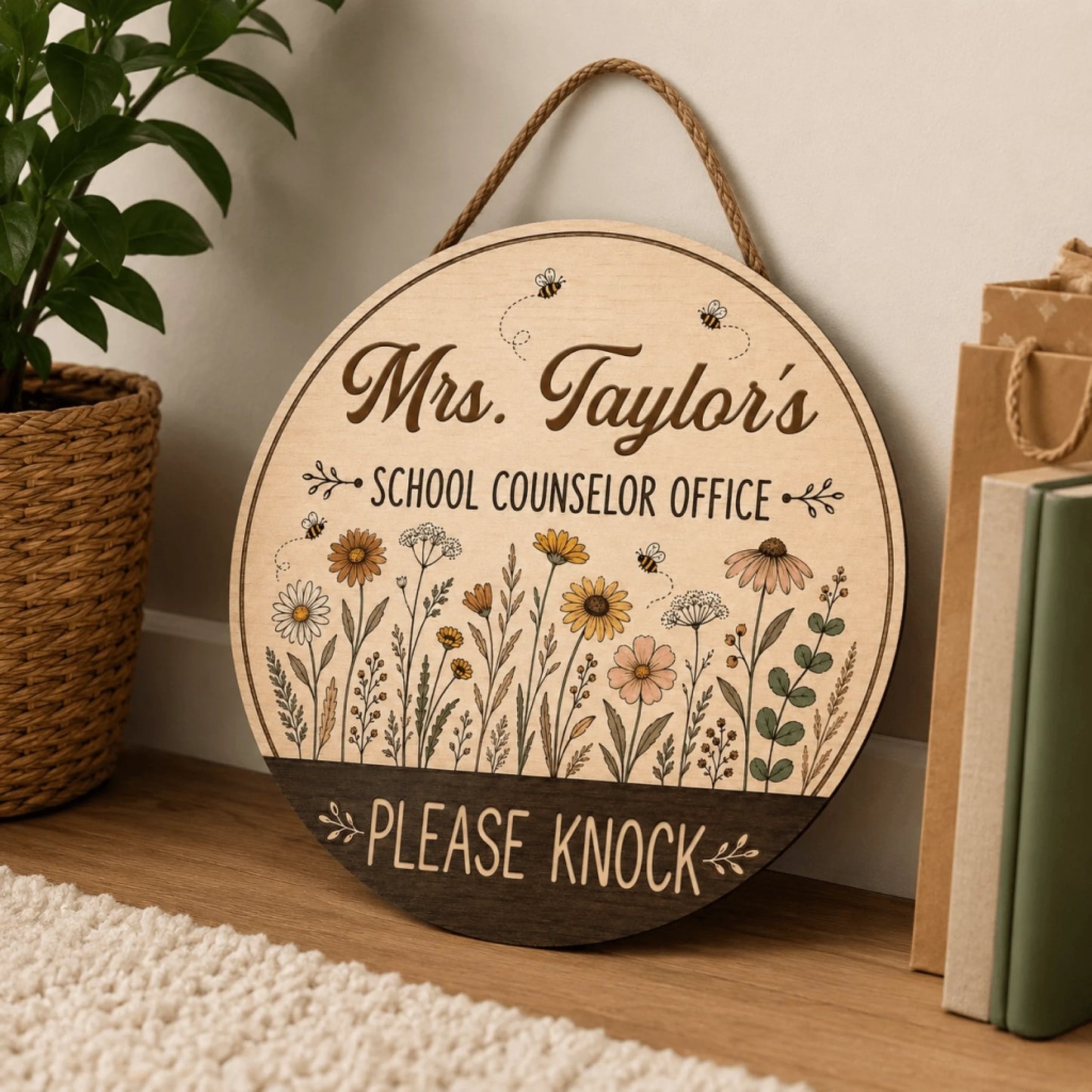 Custom Mrs Taylors school counselor wooden sign with rustic floral pattern and please knock message for classroom