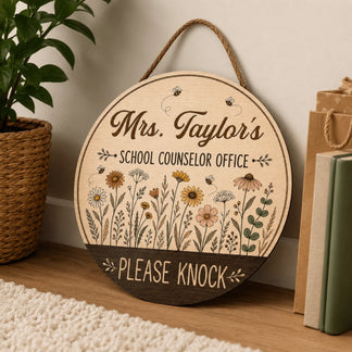 Decorative personalized wooden sign for a school counselor office with a floral botanical design and please knock text.