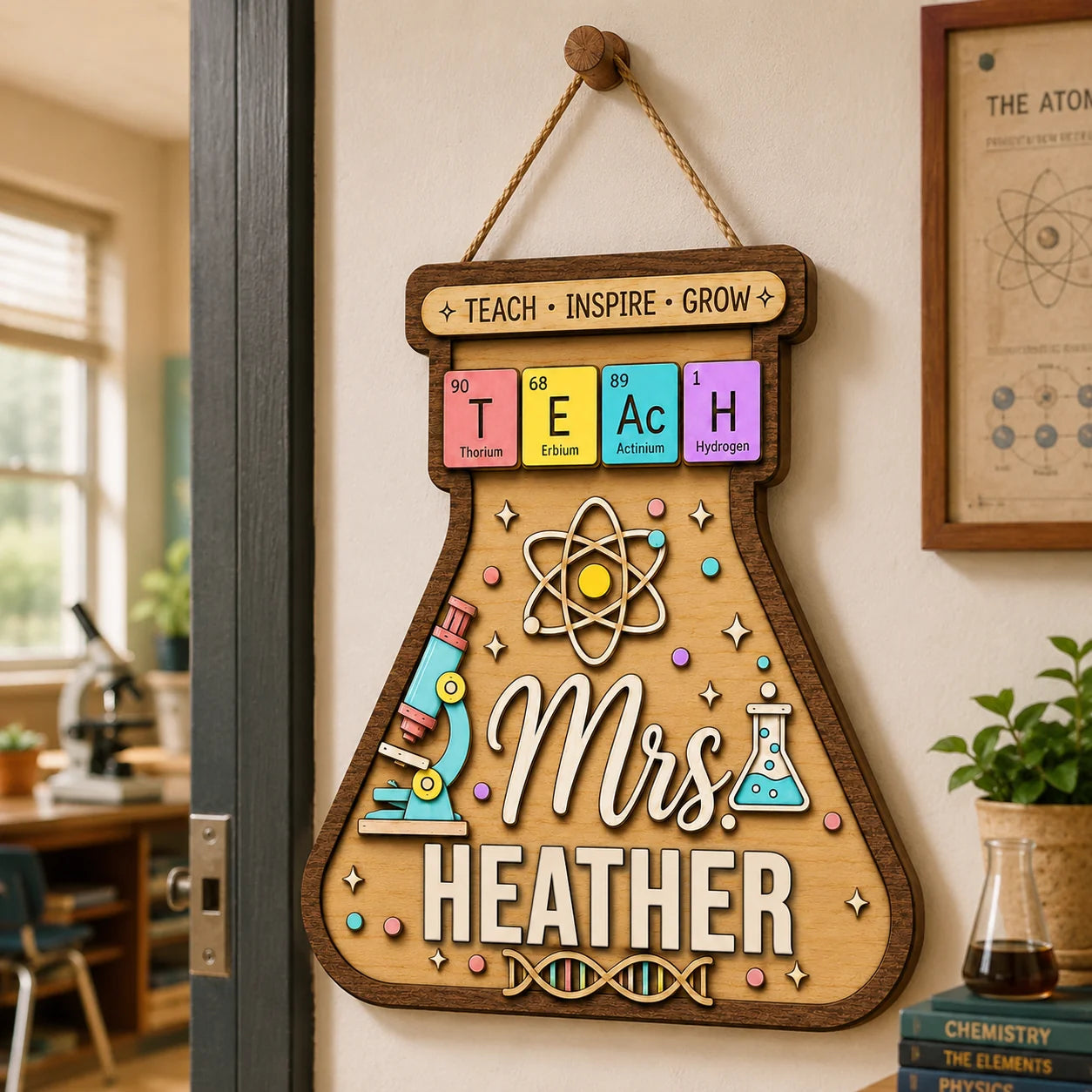 A custom wooden science flask classroom sign hanging on a door, personalized for Mrs. Heather with periodic table letters.