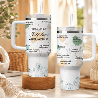 Customized self love affirmations tumbler gift set in two sizes with floral accents and motivational quotes.