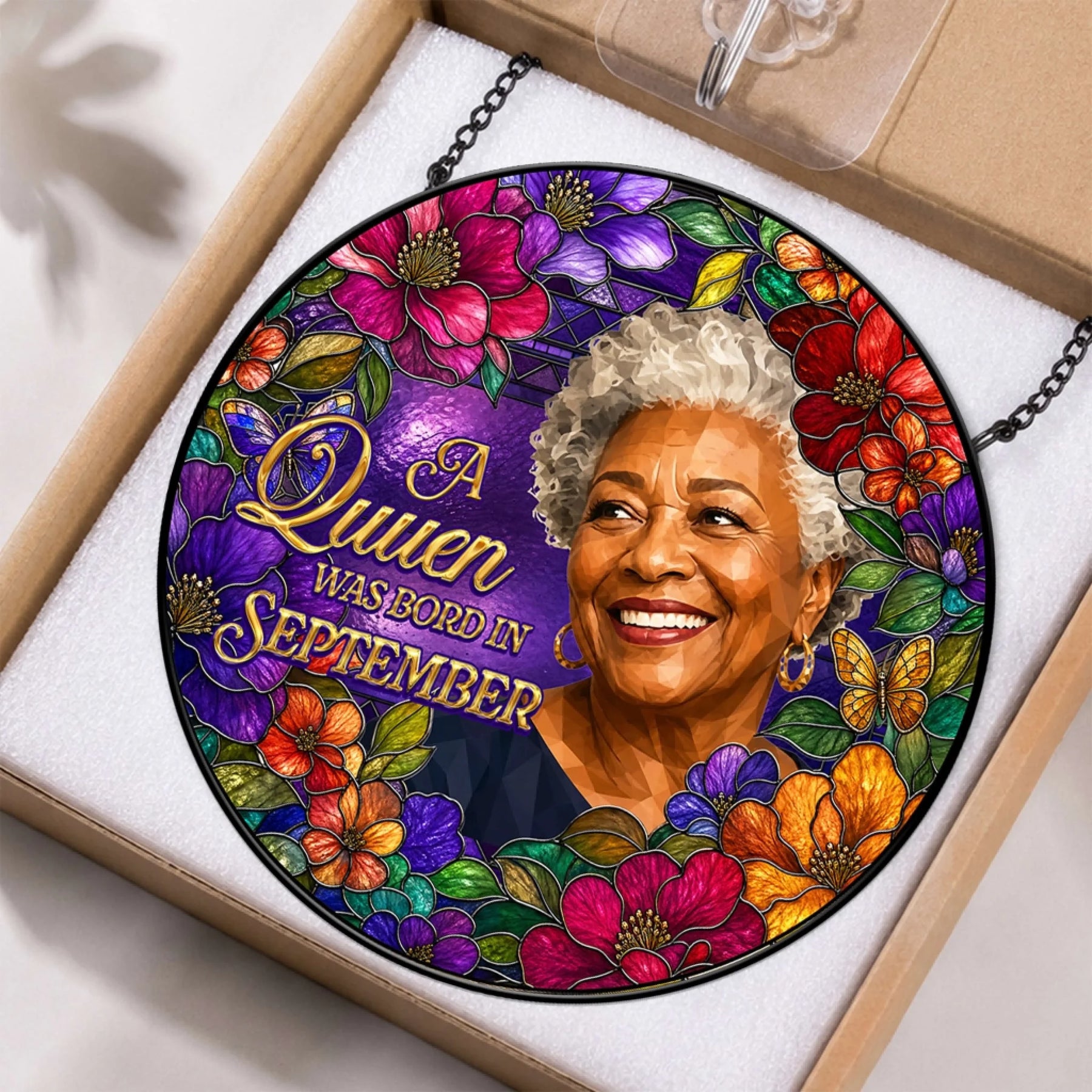 Decorative stained glass acrylic suncatcher gift for a birthday queen born in September, presented in a gift box.