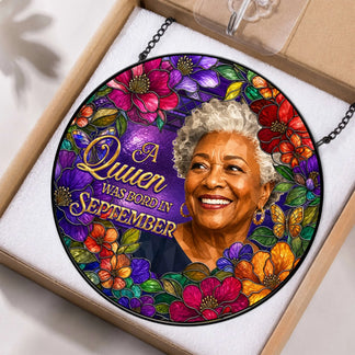 Decorative stained glass acrylic suncatcher gift for a birthday queen born in September, presented in a gift box.