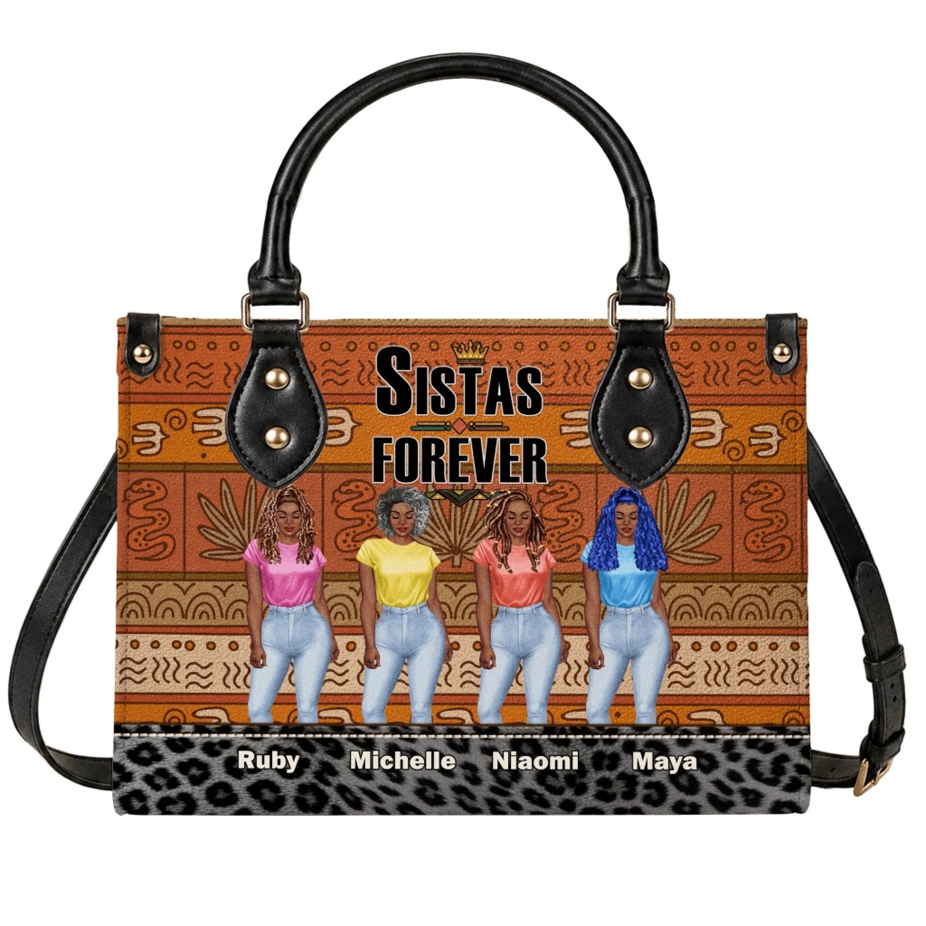 Personalized Sistas Forever handbag featuring four custom names and African inspired tribal art for best friends.