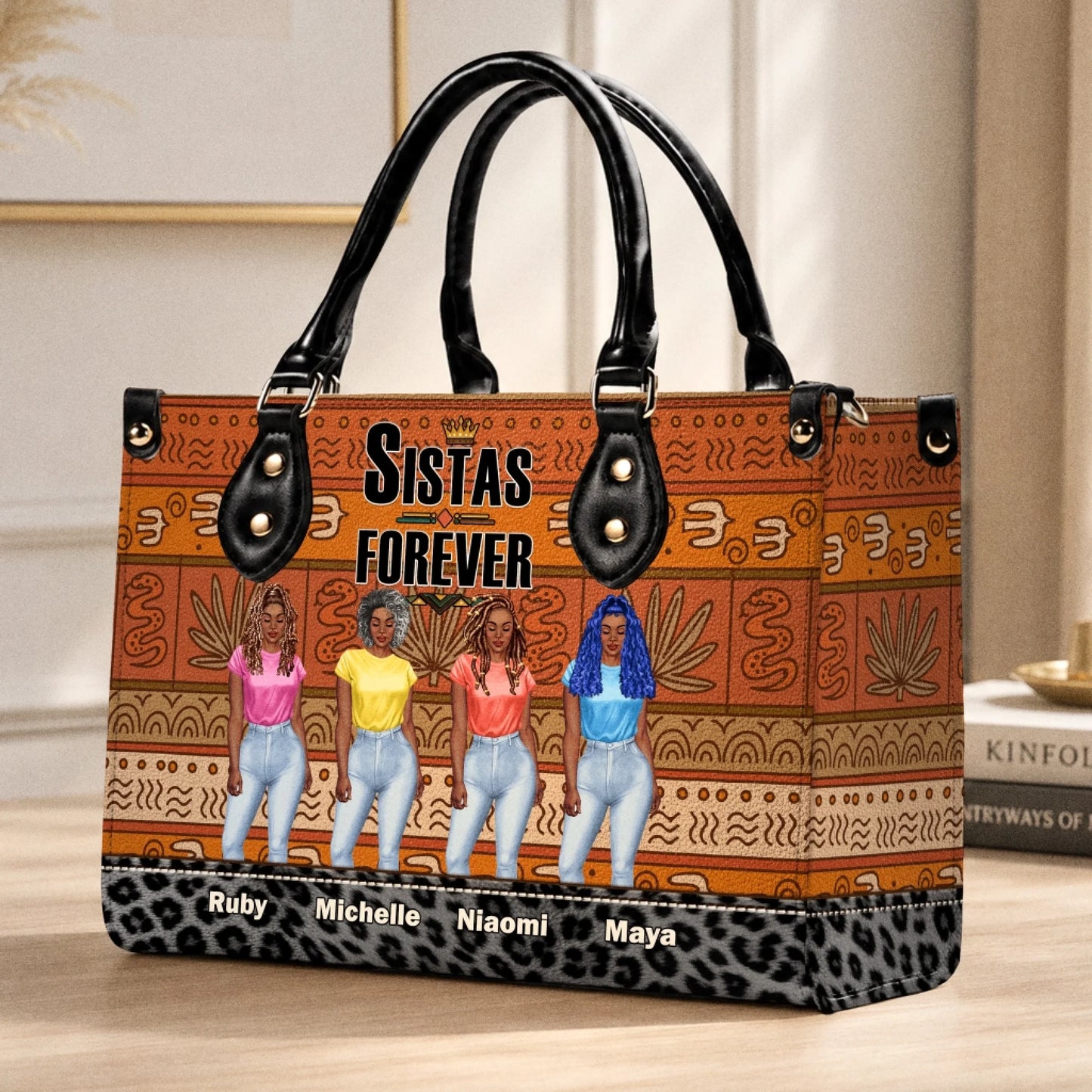 Personalized Sistas Forever handbag featuring custom names and a stylish brown tribal pattern with a leopard print base.