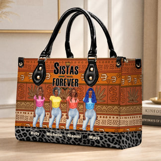 Personalized Sistas Forever handbag featuring custom names and a stylish brown tribal pattern with a leopard print base.