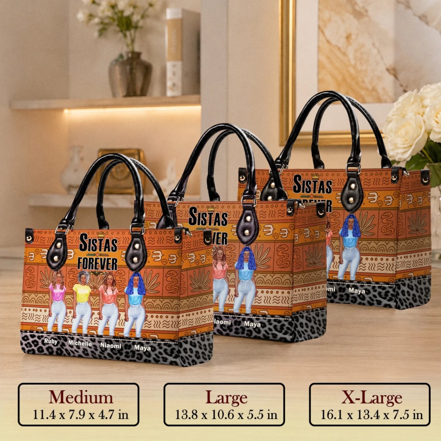 Size guide for personalized Sistas Forever tote bags showcasing medium large and extra large dimensions for custom gifts.