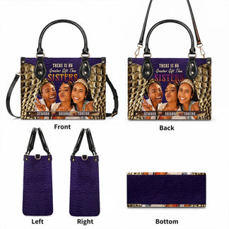 Custom sisters handbag featuring three photos and names with a gold wing design, perfect personalized birthday gift.