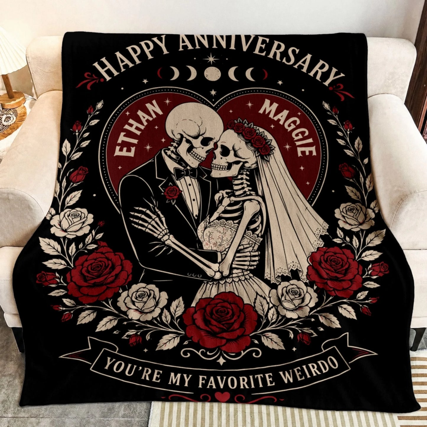 Custom anniversary fleece blanket featuring Ethan and Maggie skeleton couple illustration with romantic roses and quote.