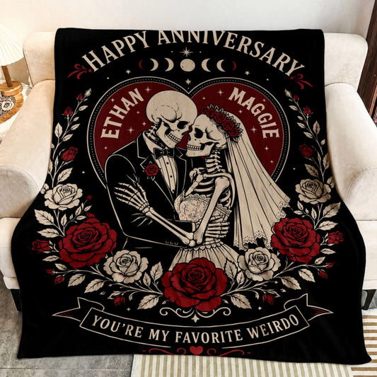 Custom anniversary fleece blanket featuring Ethan and Maggie skeleton couple illustration with romantic roses and quote.