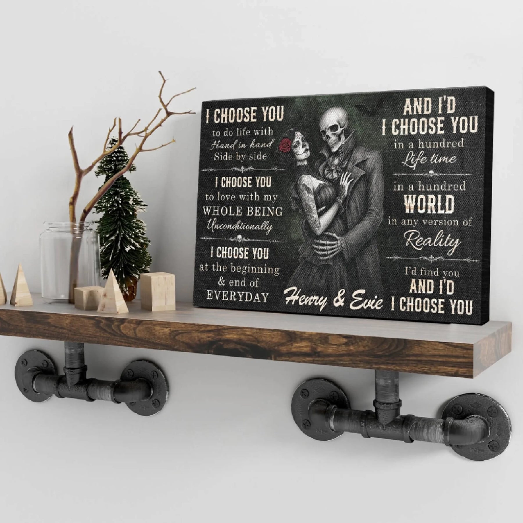 Custom skeleton couple canvas print with romantic quote and names Henry and Evie, perfect gift for anniversaries.