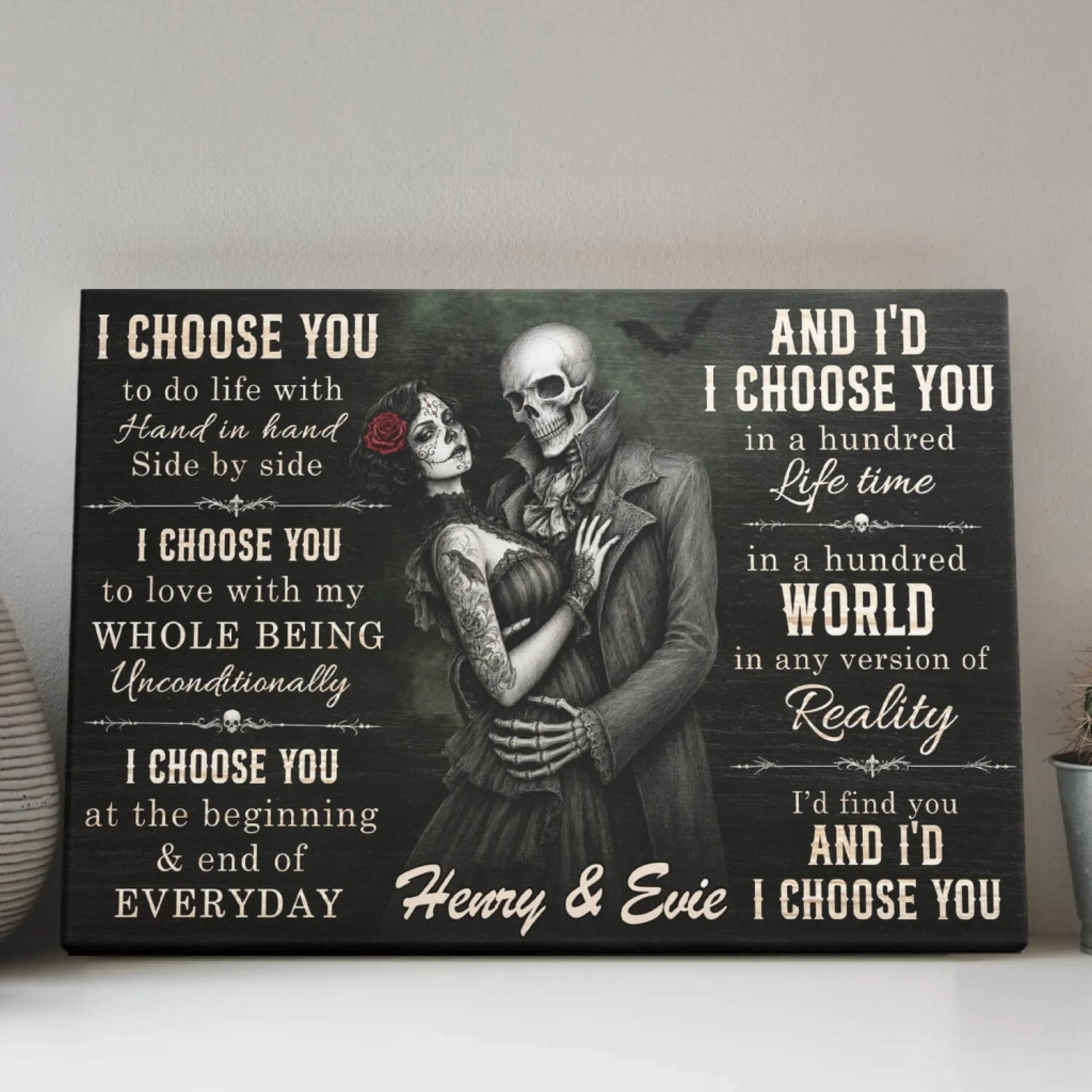 Personalized skeleton couple canvas print featuring romantic skull artwork with Henry and Evie names for an anniversary gift.